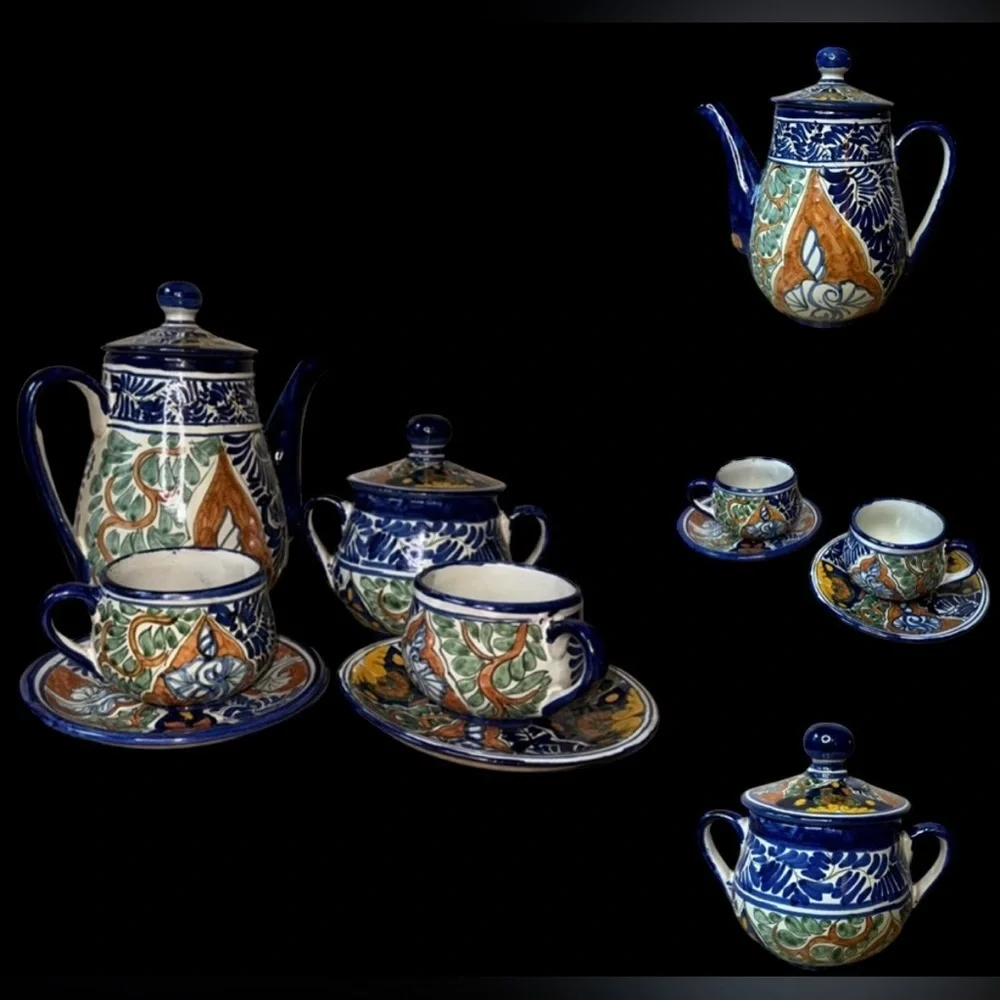 Vintage 70s Mexican Talavera by Vazquez Teapot Teacup and Saucer and Sugar Set